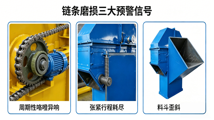 斗式提升机链条磨损三大预警信号,异响、张紧行程耗尽、料斗跑偏剐壳