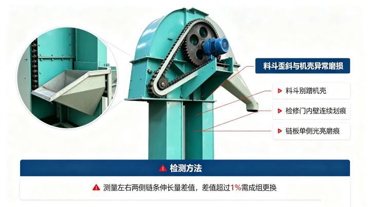 斗式提升机料斗歪斜剐壳,链板单侧磨损,两侧链条伸长差检测 ****