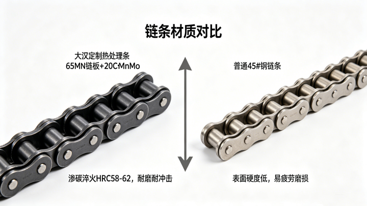 大汉机械斗提板链 65Mn 链板 20CrMnMo 销轴,和普通 45# 钢链条耐磨对比