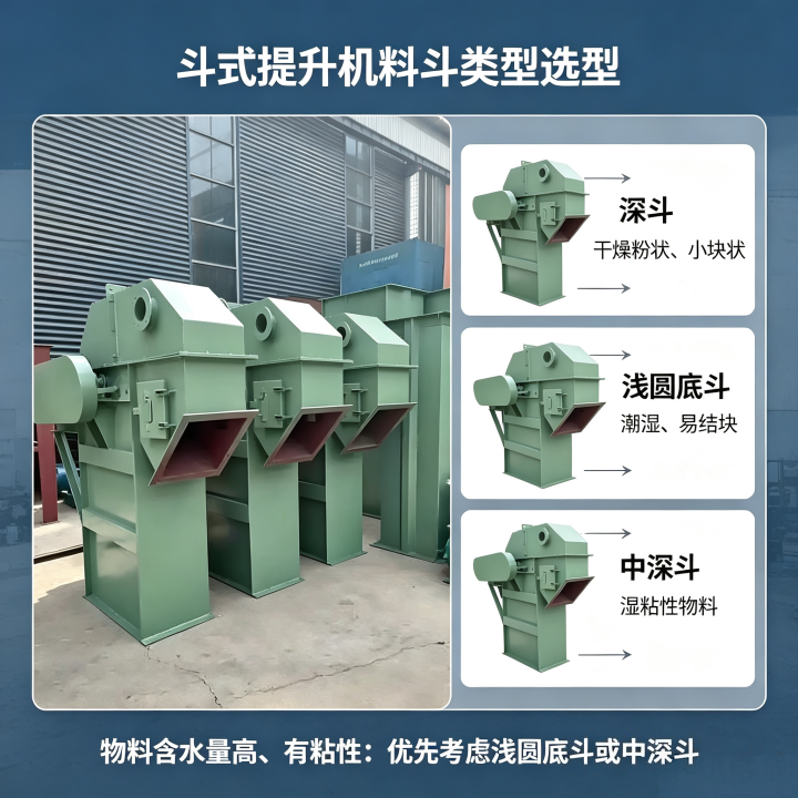 斗式提升机料斗类型选型,深斗浅圆底斗中深斗对比