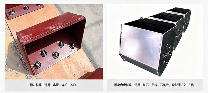 NE斗式提升机标准料斗与耐磨合金料斗对比