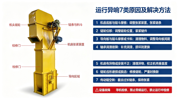 黄色 NE 斗式提升机整机实拍,机头链轮、机座弹簧张紧机构,斗提异响故障检修参考